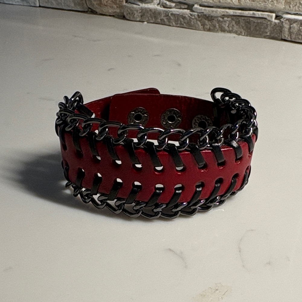 Bold Red Leather Bracelet with Black Chain